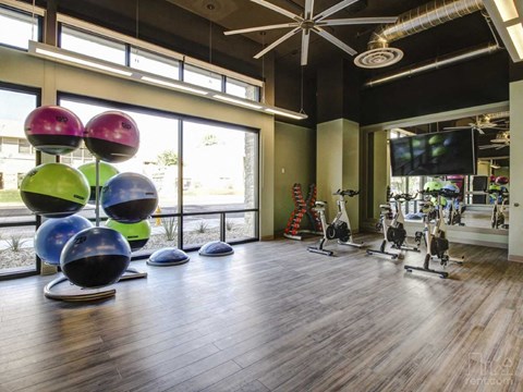 A gym with exercise equipment and a row of exercise balls.