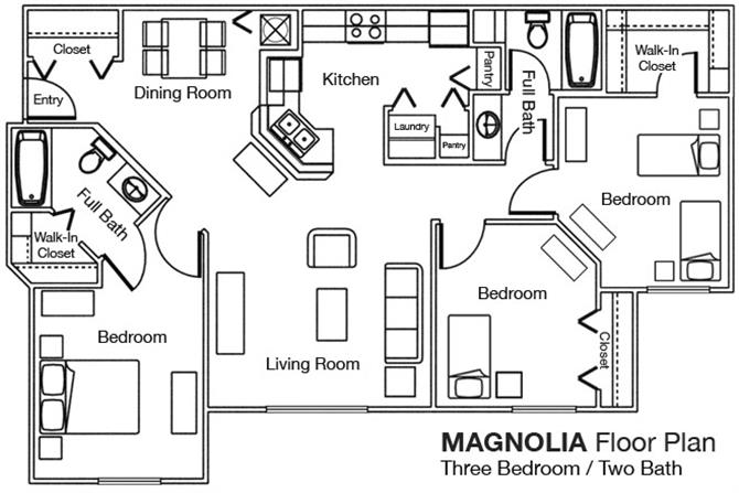 3 Bed 2 Bath Floor Plan