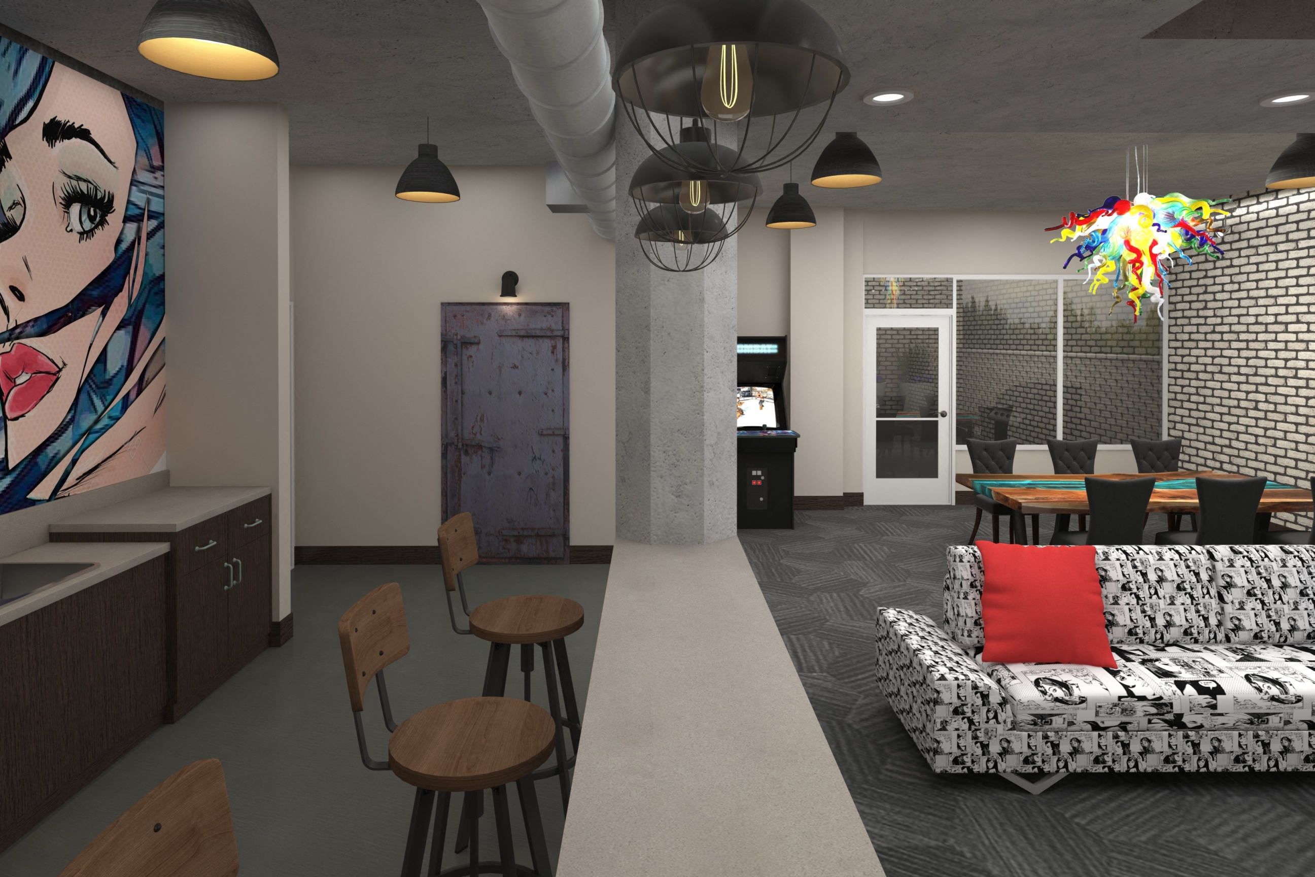 a rendering of a living room with a couch and tables