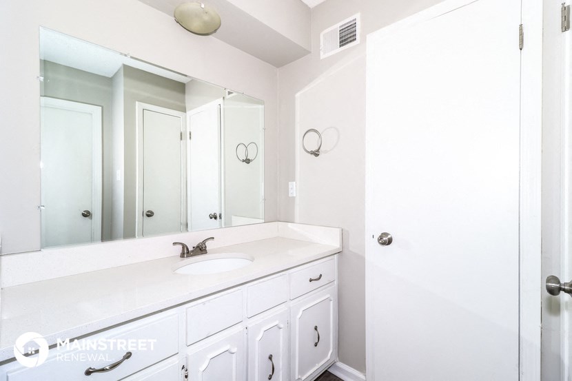 a bathroom with a sink and a mirror and a shower