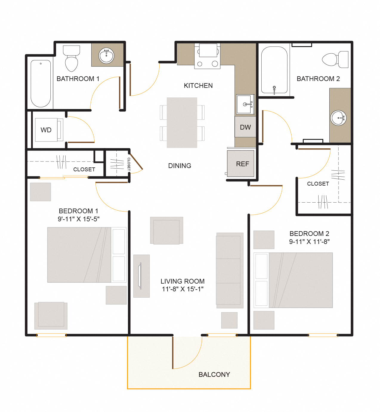 C1 Floor Plan 2 Bed - 2 Bath |980 sq. ft.