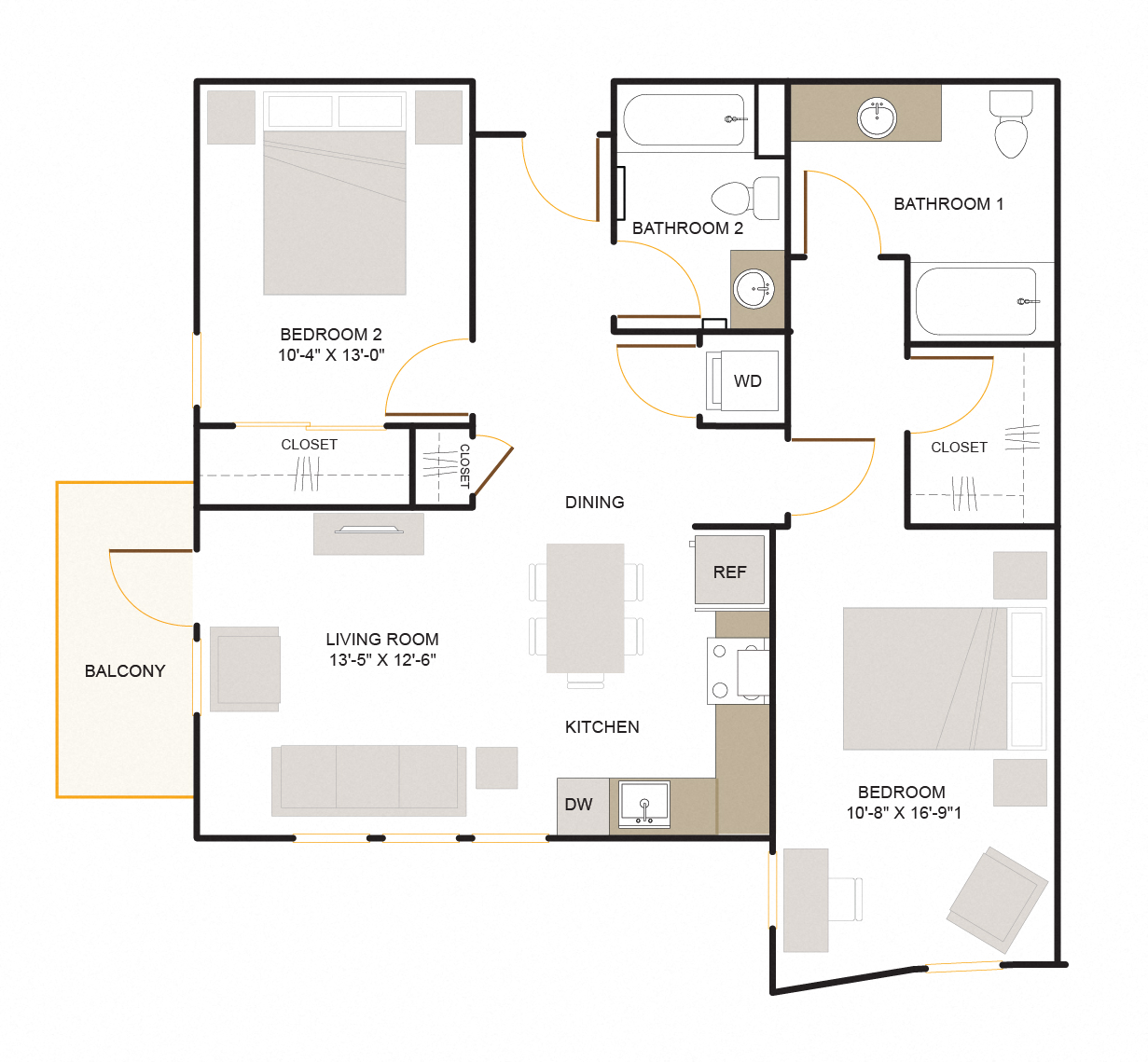 C2.2 Floor Plan 2 Bed - 2 Bath |1,072 sq. ft.
