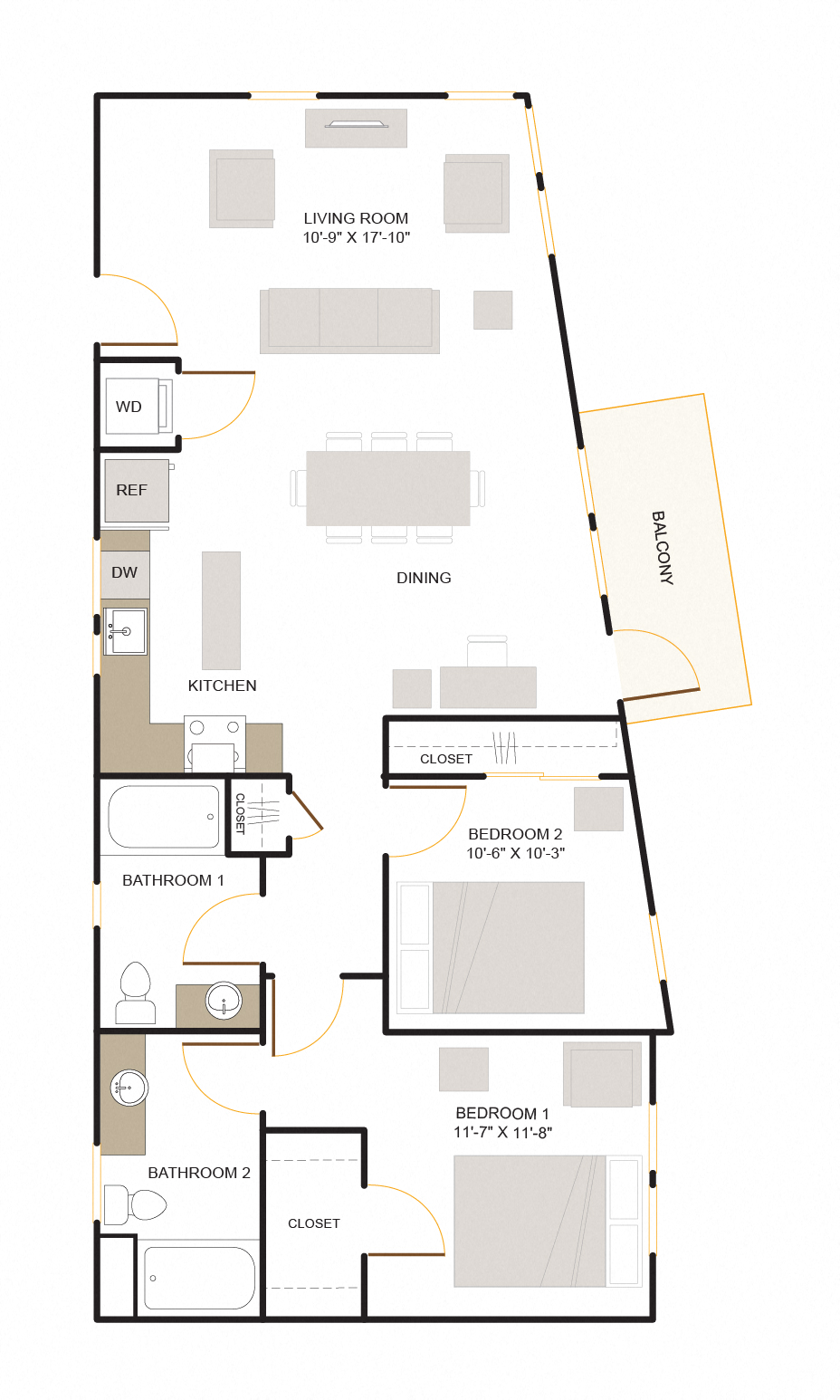 C4 Floor Plan 2 Bed - 2 Bath |1,162 sq. ft.