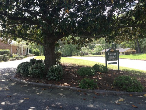 a sign sitting under a tree in front of a driveway