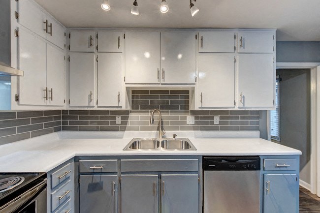 a kitchen with blue and white cabinets and a sink