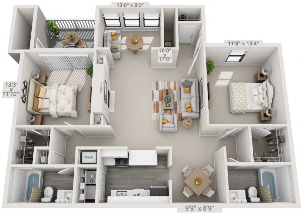 2 Bedroom Floor Plan | 1,254 Sq. Ft. at Atria At Crabtree Valley Raleigh NC