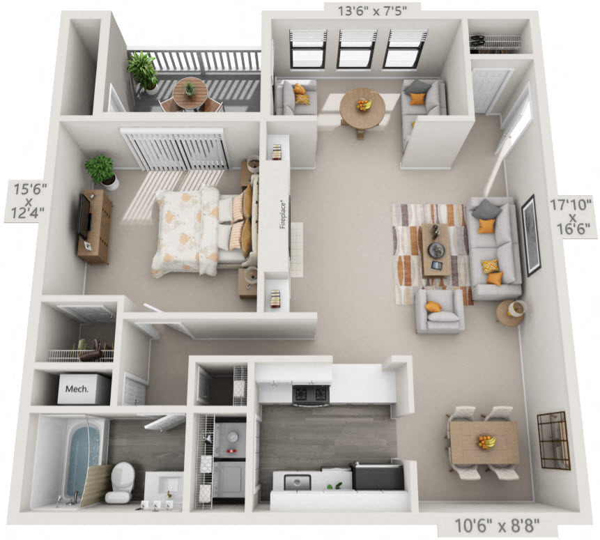 1 Bedroom Floor Plan | 1,005 Sq. Ft. at Atria At Crabtree Valley Raleigh NC