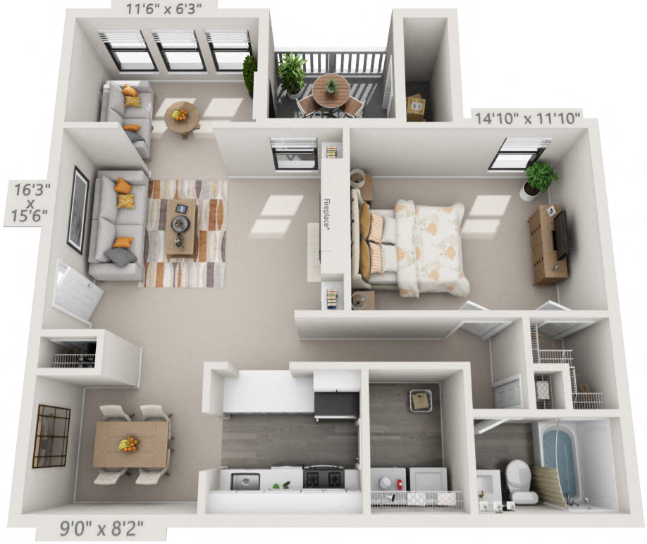 1 Bedroom Floor Plan | 870 Sq. Ft. at Atria At Crabtree Valley Raleigh NC
