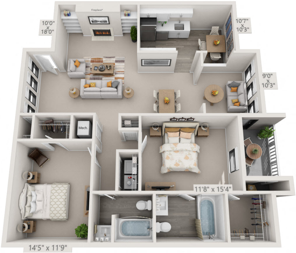 2 Bedroom Floor Plan | 1,355 Sq. Ft. at Atria At Crabtree Valley Raleigh NC