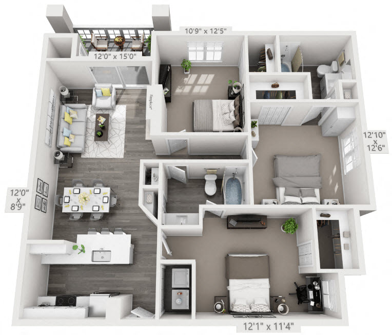 3 Bedroom Floor Plan | Audubon Apartment Homes Cary NC