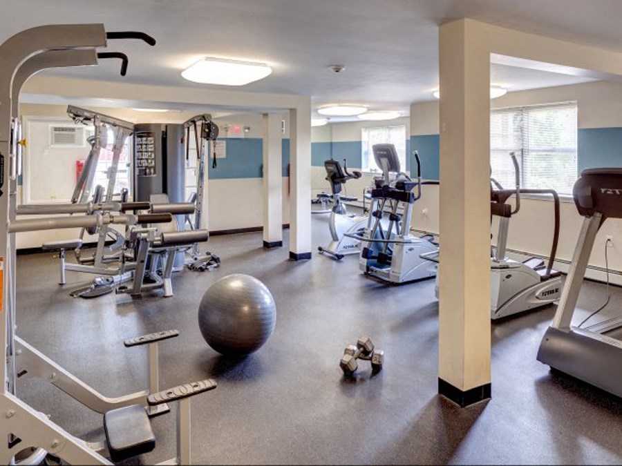 a gym with cardio equipment and weights on the floor