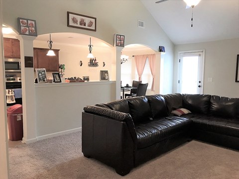 a living room with leather furniture and a kitchen