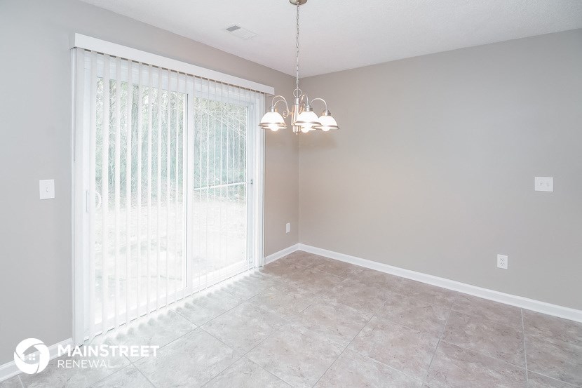 an empty dining room with a large window