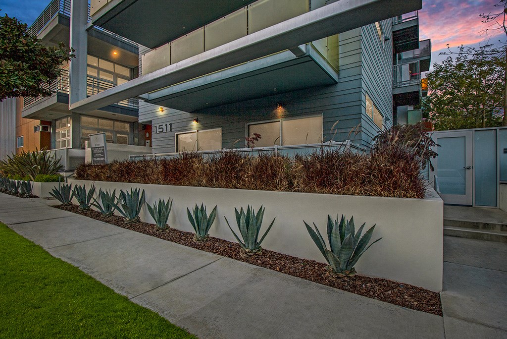 a long white retaining wall with plants in front of a building