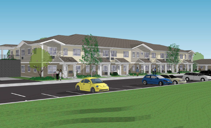 a rendering of an apartment building with cars parked in front of it