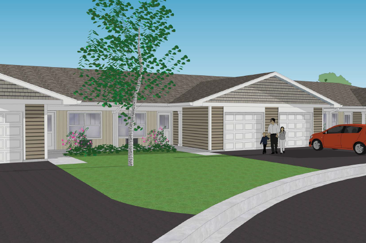 a rendering of a home with a red car in front of it