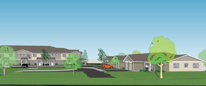 a digital rendering of a neighborhood with houses and trees