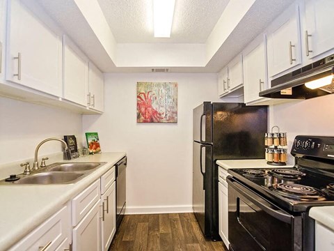 a kitchen with a stove refrigerator and sink