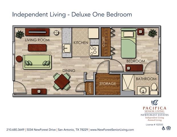 Independent Living - Deluxe One Bedroom Floor Plan Independent Living - Deluxe One Bedroom Floor Plan at NewForest Estates, San Antonio, TX, 78229