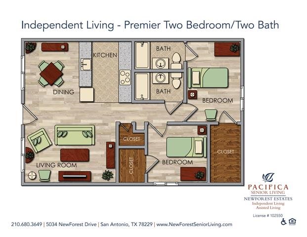 Independent Living - Premier Two Bedroom Two Bath Floor Plan Independent Living - Well-appointed Two Bedroom Two Bath Floor Plan at NewForest Estates, San Antonio, Texas