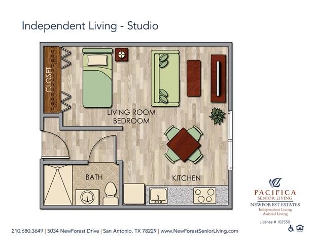 Independent Living - Studio Floor Plan Cozy Bedroom Studio Floor Plan at NewForest Estates, Texas