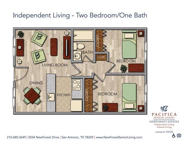 Independent Living - Two Bedroom One Bath Floor Plan Independent Living - Spacious Two Bedroom One Bath Floor Plan at NewForest Estates, Texas, 78229