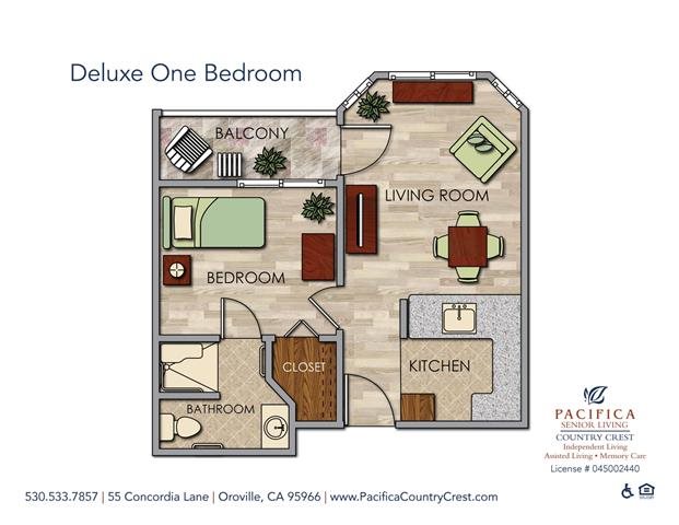 Deluxe One Bedroom Floor Plan Deluxe One Bedroom Floor Plan at Pacifica Senior Living Country Crest, California
