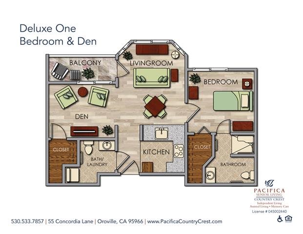 Deluxe One Bedroom & Den Floor Plan Deluxe One Bedroom & Den Floor Plan at Pacifica Senior Living Country Crest, Oroville