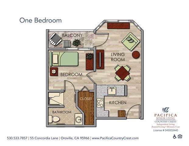 One Bedroom Floor Plan One Bedroom Floor Plan at Pacifica Senior Living Country Crest, Oroville, 95966