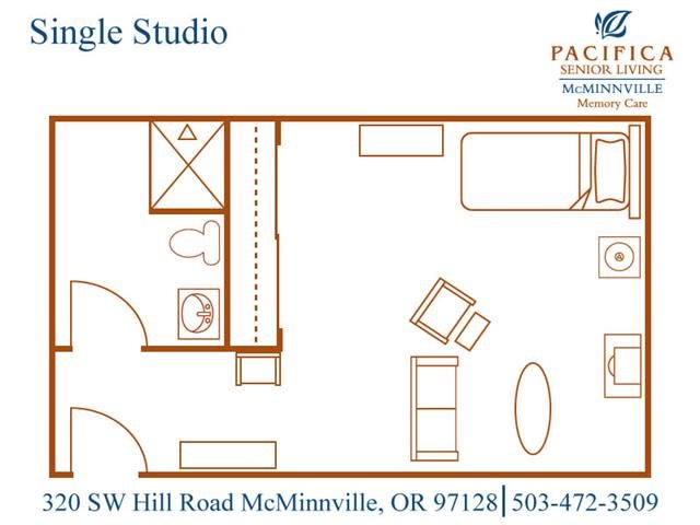 Single Studio Floor Plan Private Sitting Area Single Studio Floor Plan with Sitting Area at Pacifica Senior Living McMinnville, McMinnville