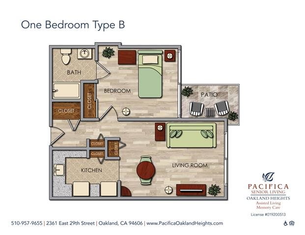 One Bedroom Type B Floor Plan One Bedroom Type B Floor Plan at Pacifica Senior Living Oakland Heights, Oakland, CA