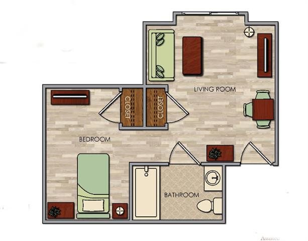 Spacious One Bedroom Floor Plan Spacious One Bedroom Floor Plan at Pacifica Senior Living Palm Springs, Palm Springs, CA