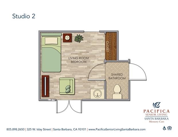 Ledbetter -- Private Studio w. Shared Bath Floor Plan Ledbetter -- Private Studio w. Shared Bath Floor Plan at Pacifica Senior Living Santa Barbara, Santa Barbara, CA