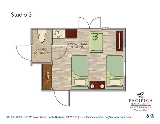 Sandpiper -- Shared Studio w. Shared Bath Floor Plan Sandpiper -- Shared Studio w. Shared Bath Floor Plan at Pacifica Senior Living Santa Barbara, Santa Barbara, 93101