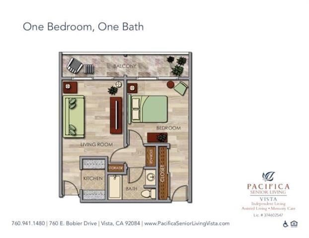 One Bedroom, One Bath Floor Plan One Bedroom, One Bath Floor Plan at Pacifica Senior Living Vista, Vista, California