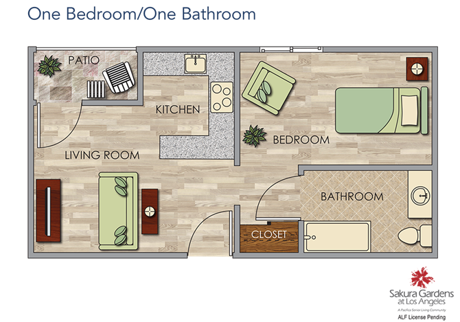 1 Bedroom / 1 Bathroom Floor Plan 1 Bedroom / 1 Bathroom Floor Plan at Sakura Gardens, Los Angeles, California
