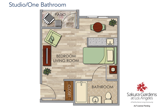 Private Studio / 1 Bathroom Floor Plan Studio / 1 Bathroom Floor Plan at Sakura Gardens, Los Angeles, California