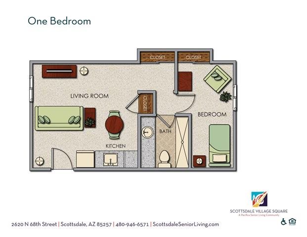 Scottsdale One Bedroom Option A Floor Plan Scottsdale One Bedroom Option A Floor Plan at Scottsdale Village Square, A Pacifica Senior Living Community, Scottsdale