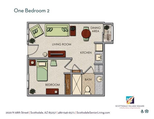 Scottsdale One Bedroom Option B Floor Plan Scottsdale One Bedroom Option B Floor Plan at Scottsdale Village Square, A Pacifica Senior Living Community, Arizona