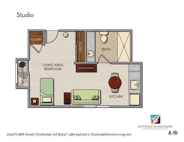 Scottsdale Studio Floor Plan Scottsdale Studio Floor Plan at Scottsdale Village Square, A Pacifica Senior Living Community, Scottsdale, AZ, 85257