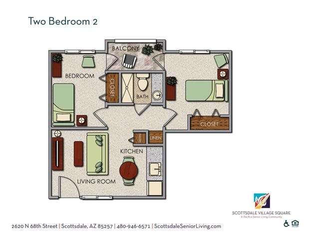 Scottsdale Two Bedroom Option B Floor Plan Scottsdale Two Bedroom Option B Floor Plan at Scottsdale Village Square, A Pacifica Senior Living Community, Scottsdale, 85257