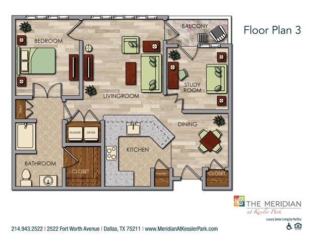 Private 1 Bedroom with Study Floor Plan Private 1 Bedroom with Study Floor Plan at Meridian at Kessler Park, Dallas, Texas