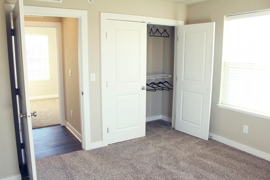 a room with two closets and a door to a closet