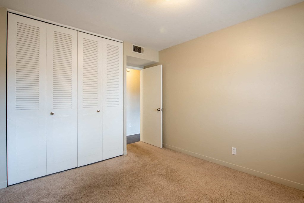 a bedroom with closet doors and carpeted floor