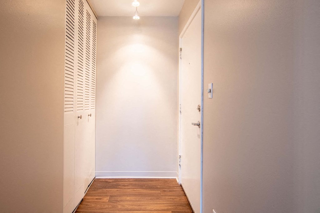 a hallway with white walls and a wood floor and a closet