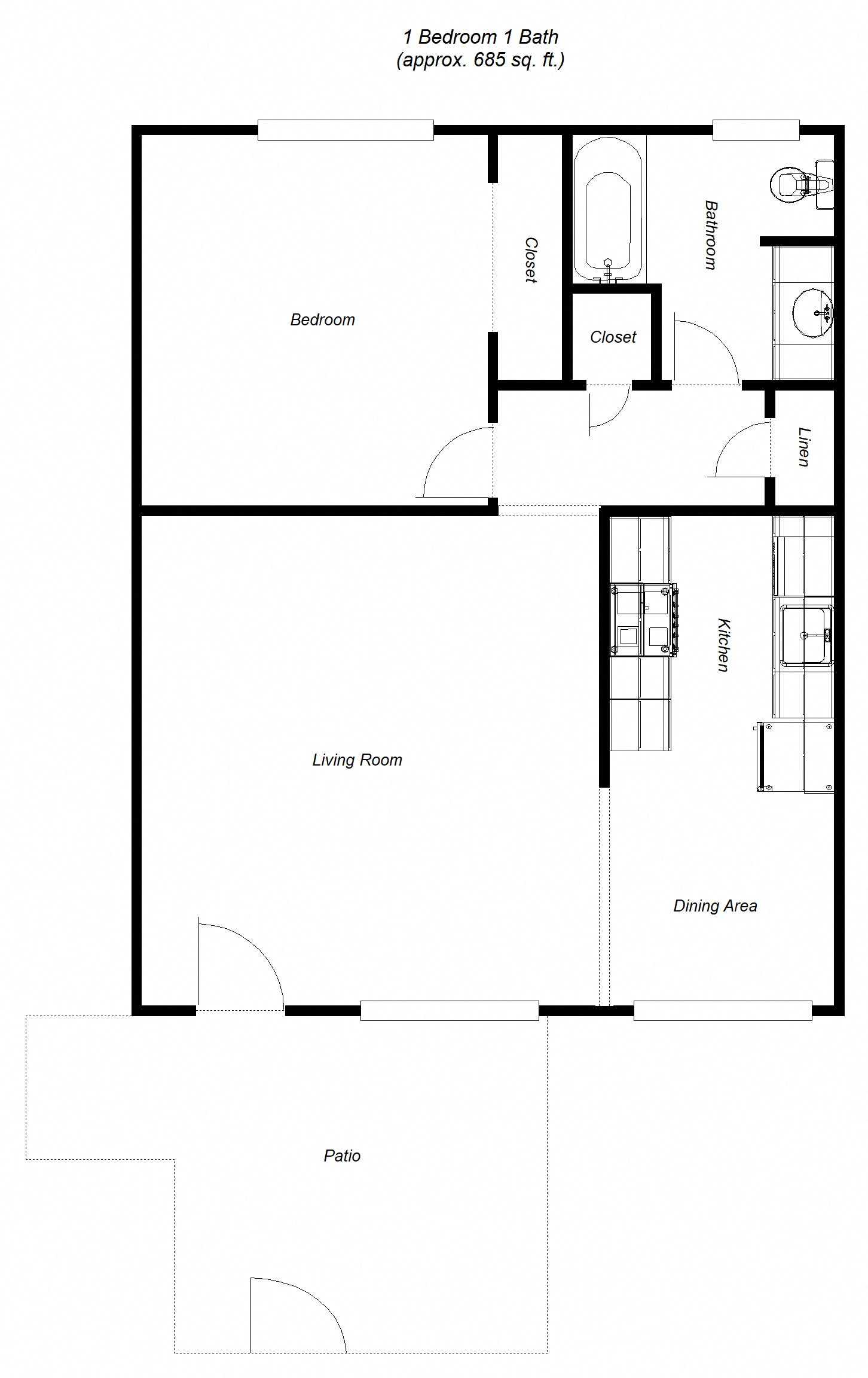 1 Bedroom floor plan for Meritage Apartments