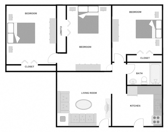 3 bedroom 1 bathroom 1000 square foot apartment floor plan