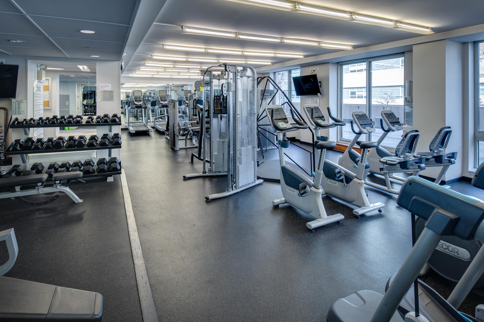 a large fitness gym with cardio equipment and weights