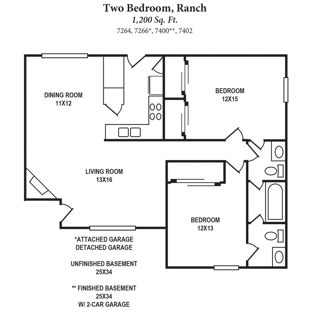 2b Ranch 1200SqFt Floor Plan at The Villas at Kingswood, West Chester