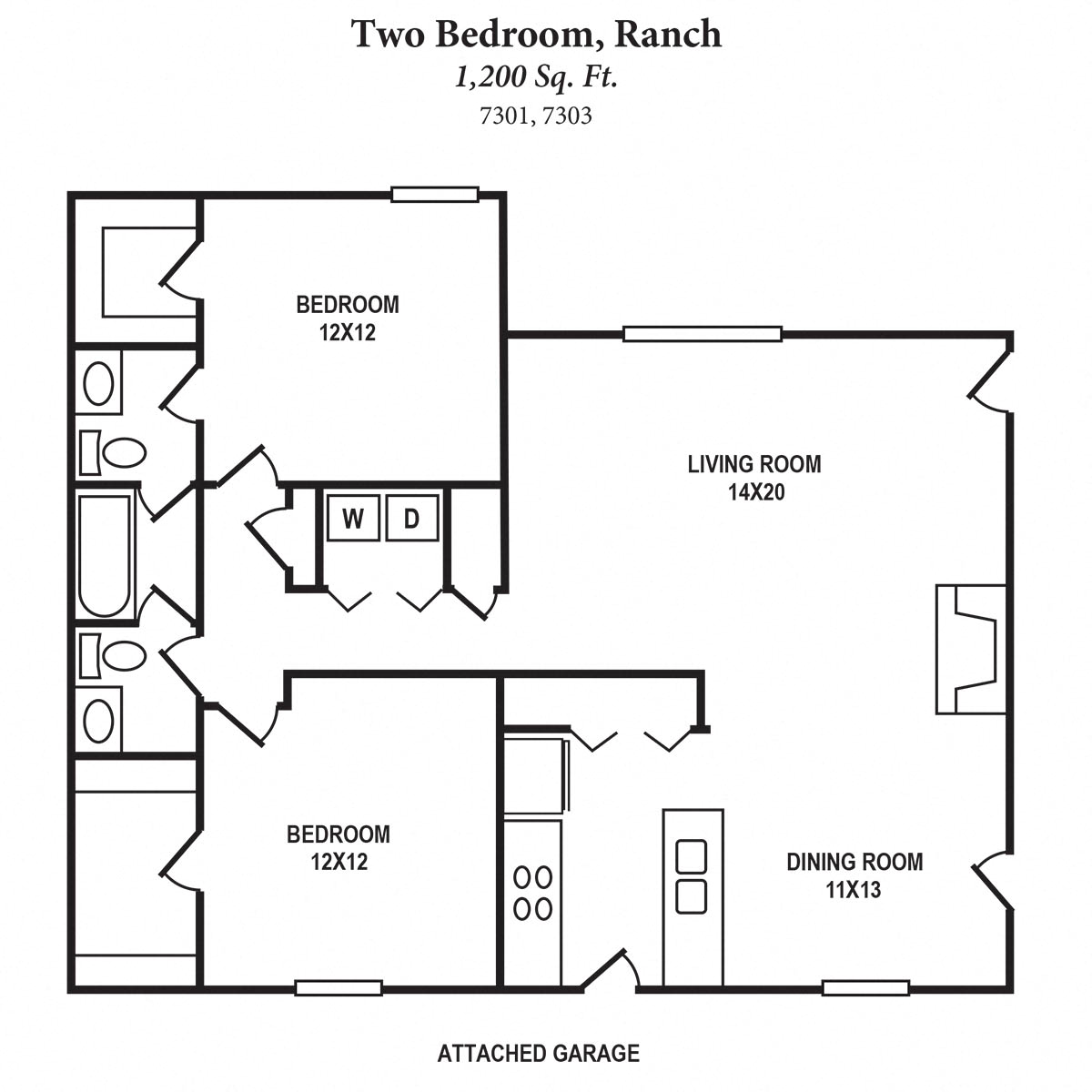 2b Ranch 1200SqFt Floor Plan at The Villas at Kingswood, West Chester, Ohio